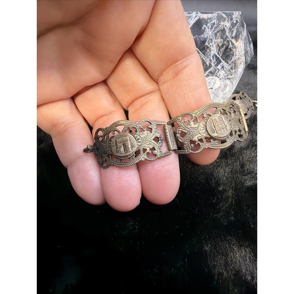 Antique Silver Tone Paris Souvenir Architectural Bracelet Filigrane‎ Depose 7.5"